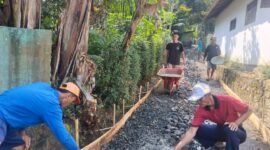 situasi pembangunan jalan lingkungan RT 01/02 Dusun ll Cangkring, Desa Brengkok, Kecamatan Susukan, Kabupaten Banjarnegara, Paryan Nur Cahyo Kades Setempat sedang berada di tengah warga yang sedang mengerjakan kegiatan.(Dok.Pelita News.id)