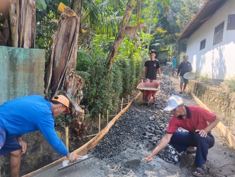 situasi pembangunan jalan lingkungan RT 01/02 Dusun ll Cangkring, Desa Brengkok, Kecamatan Susukan, Kabupaten Banjarnegara, Paryan Nur Cahyo Kades Setempat sedang berada di tengah warga yang sedang mengerjakan kegiatan.(Dok.Pelita News.id)