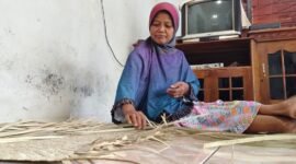 Pengrajin traditional pembuat tikar pandan mbah wariem dari dusun mawangi,Desa Somawangi, Kecamatan Mandiraja, saat menganyam pandan untuk di jadikan tikar. (Dok.Kominfo./Pelita News.id)